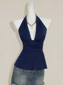 Top de tirantes sin espalda negro tipo babydoll para mujer, diseño de Halloween - Azul marino - Ver 3
