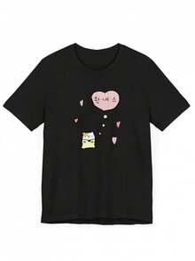 Spring/Summer 2026 Collection, Women's Elegant Casual T-Shirt With Perfect Couple Cartoon Print, Short Length, Suitable For Summer, Breathable Fabric, Everyday Wear For Sweet Girls Or Students, Cool And Sweat-Free Summer Clothes, Elegant Party Outfit, T-Shirt For Elegant Ladies, Blouses Suitable For Curvy Women - 黑色 - 查看 7
