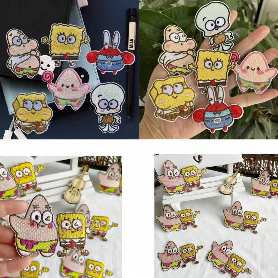 SpongeBob SquarePants 6入/1入可愛卡通燙貼刺繡補丁，衣服修補貼布，DIY裝飾背包、鞋子、筆記本、禮物盒，適合情人節與開學禮物（隨機款式），附背膠