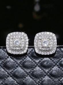 2pcs Fashionable Luxury Fully Rhinestone Square Stud Earrings, Exquisite Sparkling Unisex Hip-Hop Versatile Earrings - Square - View 2