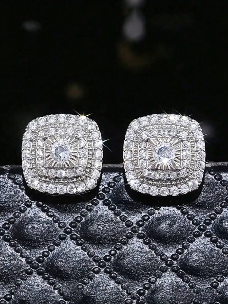 2pcs Fashionable Luxury Fully Rhinestone Square Stud Earrings, Exquisite Sparkling Unisex Hip-Hop Versatile Earrings