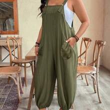 Plus Size Women's Elegant Striped Pocket Jumpsuit, Suitable For Work And Commute, Spring/Summer - Azul Marino - Ver 7