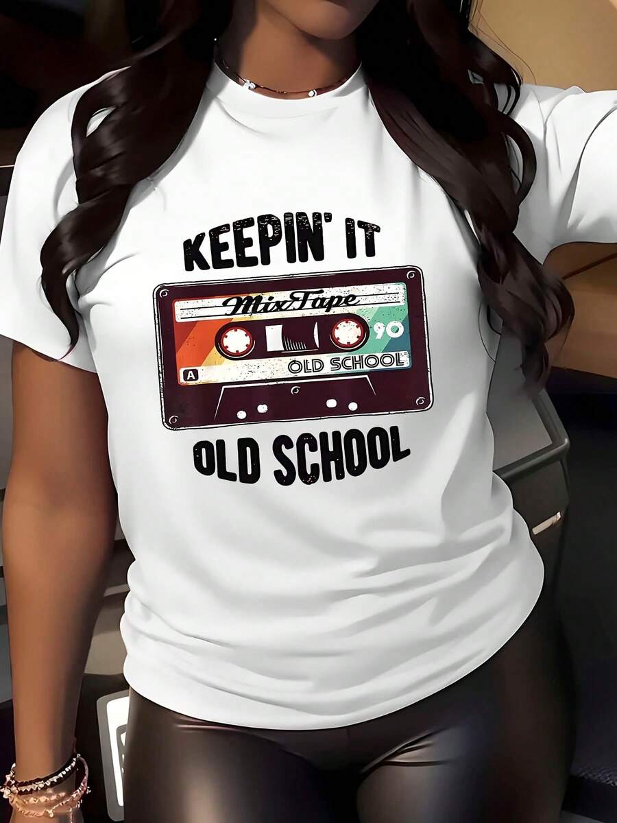 Camiseta retro vintage de los 80 para mujer, de tela ligera con estampado de cinta de casete y el eslogan "Keep It", diseño retro de los 90, texto negro sobre fondo blanco con estampados de ídolos de la música vintage, camiseta casual de manga corta con cuello redondo suave, especialmente diseñada para los fans de la cultura pop de los 80/90, un excelente regalo para iniciar conversaciones, lavable a mano, corte holgado, diseño estilo cinta de casete retro, una elección perfecta para amantes de la música y entusiastas de la moda vintage, camiseta retro vintage, ropa cálida para mujer, blusas elegantes para mujer. - Blanco - Ver 1