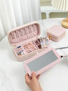 Large Capacity PU Leather Jewelry Box, Women's Striped Travel Jewelry Case, Double-Layer Portable Mini Travel Box, Can Store Earrings, Rings, Necklaces And Bracelets, Also Suitable For Storing Girls' Hair Accessories, Ideal Gift For Bridesmaids, Christmas, Mother's Day, Back To School - Multicolor - View 4
