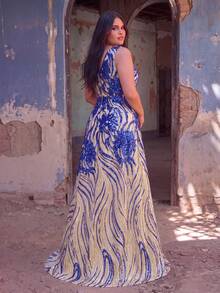 Faeriesty Elegant Sleeveless V-Neck Evening Gown, Adorned With Intricate Embroidery And Shimmering Sequins - A Luxurious Formal Dress Suitable For Weddings, Red Carpet Events, And Formal Galas, Also An Ideal Choice For Summer Vacations. Party Spring - 寶藍色 - 查看 2