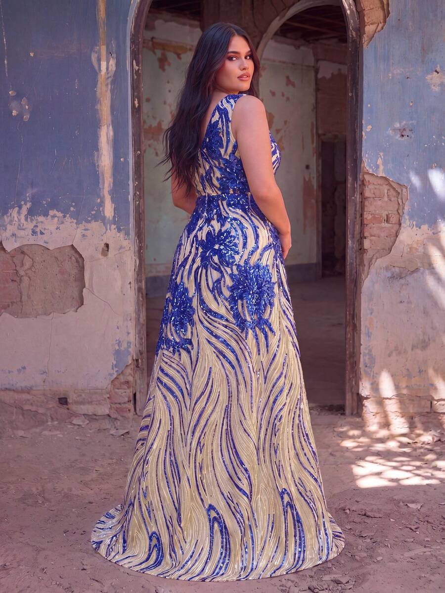 Faeriesty Elegant Sleeveless V-Neck Evening Gown, Adorned With Intricate Embroidery And Shimmering Sequins - A Luxurious Formal Dress. Party Spring Fall Wedding
