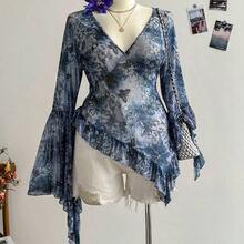 WYWH CURVE Plus Size Women Print Deep V-Neck Flare Sleeve Ruffle Hem Blouse - Multicolor - Ver 2
