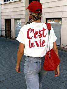 Women's Short-Sleeved T-Shirt With Front And Back Print, European And American Style Letter Design, Round Neck, Loose Fit Top, Sexy, Sweet And Cute For Summer/Spring, Simple And Fashionable Design T-Shirt, Suitable For Dates And Dinners, Urban Style For Women, Casual Short-Sleeved Graphic T-Shirts For Easter, Mother's Day And The 2026 World Cup, Breathable And Comfortable. - 白色 - 查看 2