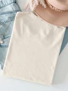 Y2K Style, Fashion Style, Newest Of 2026, Cute Style, Casual Style, Women's Blouses > Clothing. Women's Summer Slim Fit Casual T-Shirt With Graphic Print Of Sheep And English Letters, Western Cowboy Style 180g (Sizes S-XXXL) - 杏色 - 查看 2