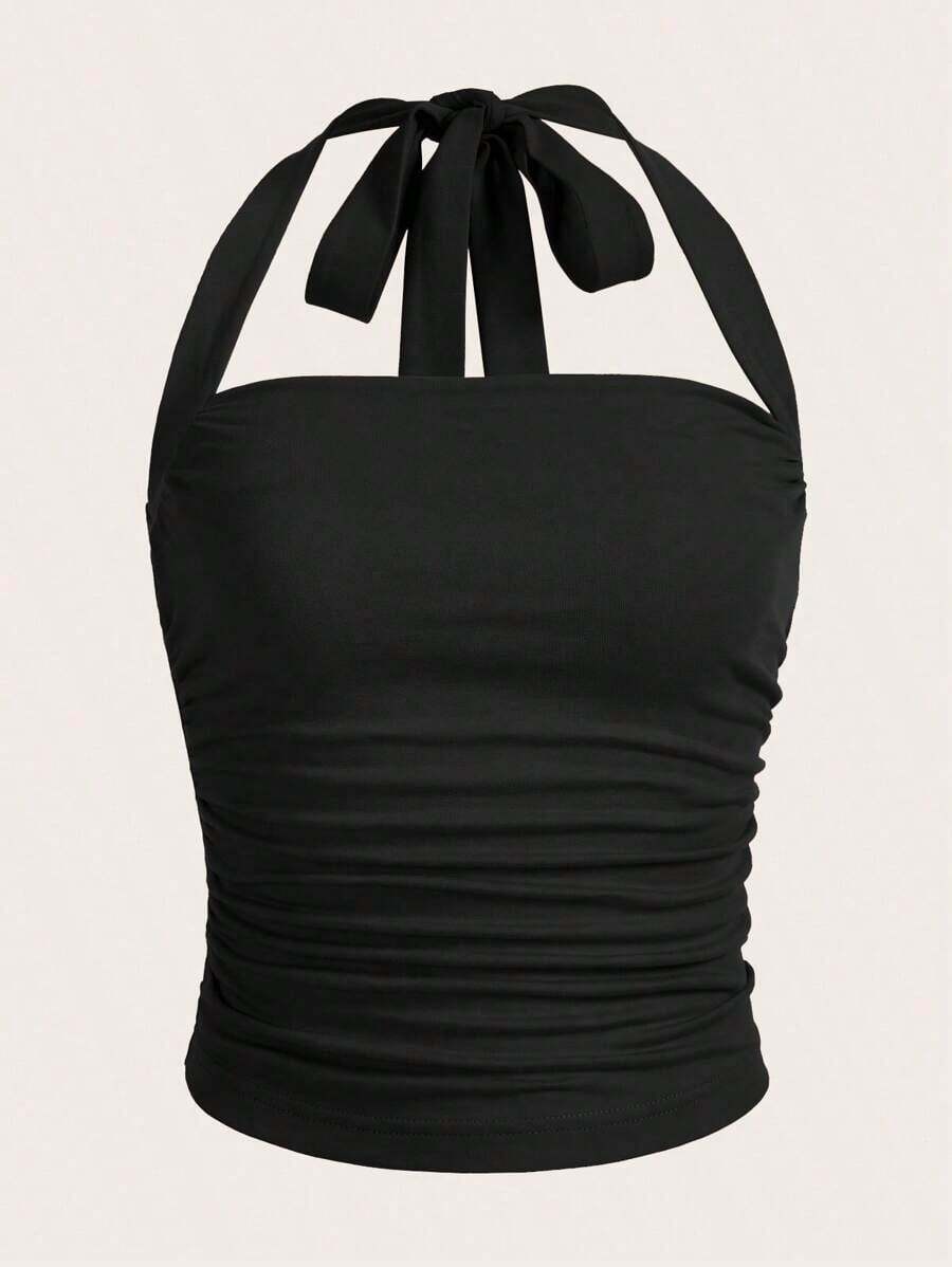 3 piezas Blusa de verano casual/de oficina/de vacaciones con estampado floral, fruncido y nudo delantero, blusa floral vintage, blusa casual, blusa para salir, playa, vacaciones de primavera, blusa de verano - Negro - Ver 1