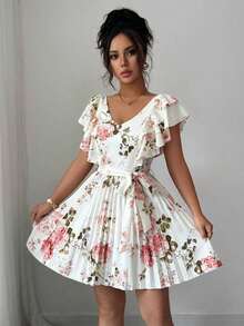 Vestido elegante y romántico para vacaciones con cuello en V con volantes, cintura ceñida y estampado de lunares en forma de línea A para mujeres - Multicolor 11 - Ver 3