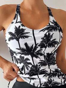 Bikini Estilo Chaleco Estampado Con Palmeras Para Mujer, Para Carnaval - Negro - Ver 4