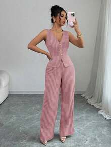 Elenzya Nuevo conjunto de traje formal de mujer a rayas azul marino y blanco, diseño de cintura ceñida y línea A, elegante chaleco sin mangas a rayas para el viaje diario, estilo callejero francés vintage para negocios. Adecuado para verano, Día de la Independencia, graduación y temporada de vuelta al colegio. El atuendo de otoño para mujer presenta decoración de botones metálicos, sofisticado y elegante, adecuado para la oficina, el viaje, el estilo callejero, lo francés romántico, lo casual, lo vintage de Oriente Medio, el té de la tarde, las fiestas, Acción de Gracias y la primavera/verano. - Rosa - Ver 3