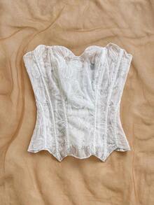 Top corset ajustado con doble capa de encaje con hombros descubiertos, estilo sexy europeo y americano.Body bordado calado.Conjunto de ropa de fiesta blanca para mujer para salir, vestido de invitada de boda, otoño/invierno - Blanco 2 - Ver 5