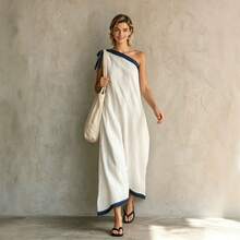 New 2026 Elegant Long Dress For Women With Contrasting Color Bow Back - Putih - View 3