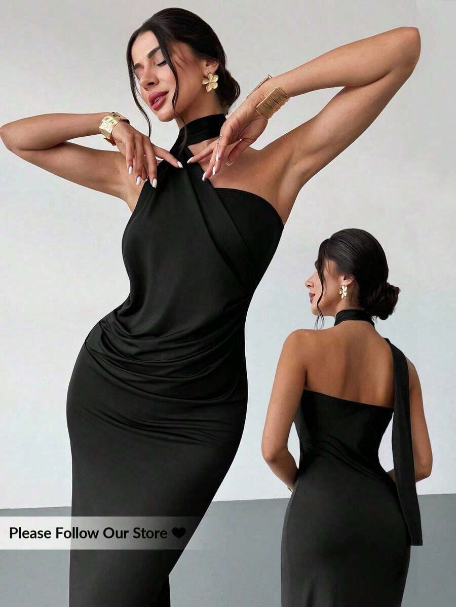 Vestido suelto con mangas acampanadas asimétricas de color marrón moca para mujer, vestido largo de moda, ropa de primavera/verano, adecuado para ir al trabajo, elegante, sexy, vacaciones, playa, estilo bohemio, Hawái, festivales de música, fiestas, atuendo de trabajo - Negro - Ver 1