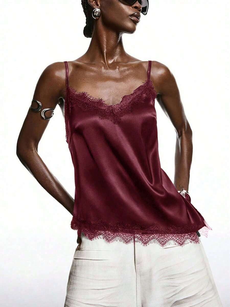 2026 Nueva Blusa Minimalista de Primavera Verde Oliva de Encaje y Satén Brillante, Elegante Camisola con Ribete de Encaje Adecuada para Primavera/Verano; Elegante Camisa Adecuada para Fiesta, Primavera, Navidad, Año Nuevo; Elegante Camisola de Satén - Burdeos - Ver 1