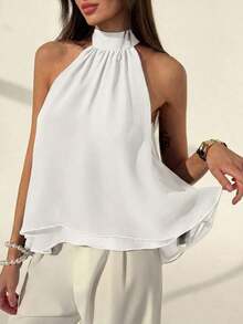 Camiseta sin mangas de gasa con cuello halter, fruncida y con línea A, de estilo bohemio minimalista y sexy, color morado berenjena, para primavera/verano - Blanco - Ver 8