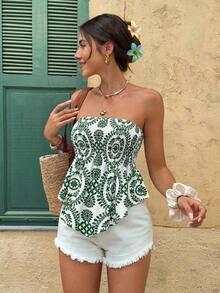 Top tubo/cropped con estampado de plantas para vacaciones de mujer - Verde - Ver 7