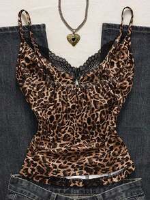 Top de camisola con parches de encaje y estampado de leopardo sexy para vacaciones de verano - Multicolor - Ver 2