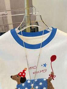 Camiseta de mujer con paneles de imitación de denim a rayas / Estampado de Dachshund / Uso diario casual / Verano - Multicolor 3 - Ver 3