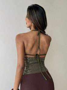 Nuevo camisol de tirantes finos con espalda descubierta y lentejuelas rosas para mujer, elegante y sexy, ideal para el Día de San Valentín, fiestas y viajes - Verde 2 - Ver 2