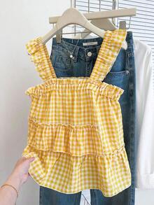 Blusa holgada sin mangas de estilo casual a cuadros para mujer, versátil para el verano - Amarillo - Ver 8
