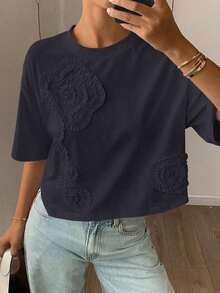 Blusa casual de verano para mujer con cuello redondo, manga corta suelta y 3D plisada con flor - azul real - Ver 7