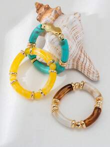 3pcs/Set Bohemian Style Asymmetrical Beaded Bracelet, Gold Spacer Bead Stacking Design - Multicolor - View 3
