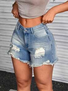 Women's Casual Distressed Frayed Hem Pockets Denim Shorts - Gris - Ver 1