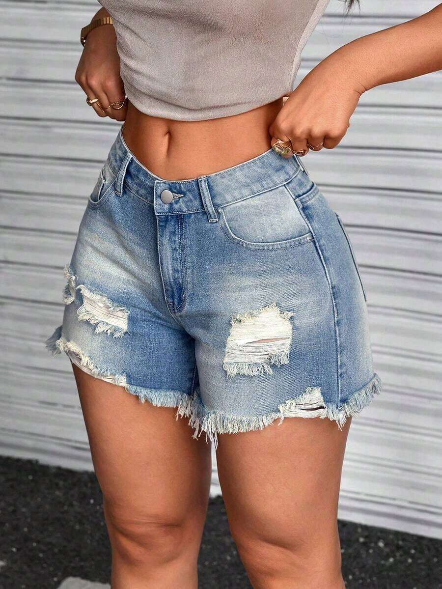 Women's Casual Distressed Frayed Hem Pockets Denim Shorts - Gris - Ver 1
