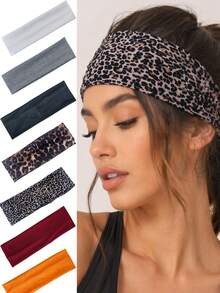 4pcs Solid Color, Leopard Print, Fabric Elastic Headbands, Sporty Leopard Print Headwraps, Yoga Headbands, Hair Ties, Sweatbands, Versatile Hair Accessories For Women & Girls, Summer Headbands, Beach Headwraps - Multicolor - View 3
