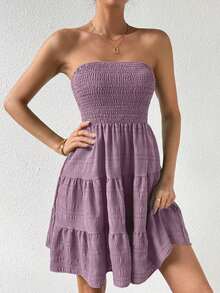 Vestido Tubo Minimalista de Color Sólido con Volantes en el Bajo para Mujer, Verano - Morado - Ver 7
