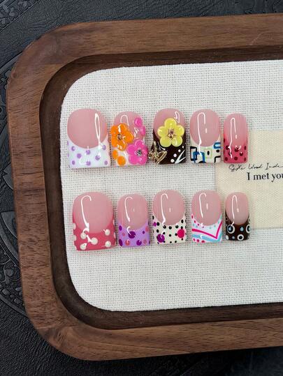 10pcs Y2K Nails Square Press On Nails Set - Handcrafted, Pink Nails, Brown Nails, Purple And Brown French Tip Nails, Handmade 3D Flowers, 3D Yellow Flowers And 3D Orange Flowers Nail Art, Hand Drawn Cute Pattern And Polka Dot Design, Sparkling Gold Rhinestone And Gold Butterfly Decoration