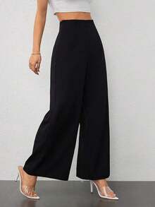 PETITE Pantalones de pierna ancha de textura de cintura alta, de estilo casual y sencillo, apropiados para ir a la escuela o para ir y venir al trabajo - Negro 2 - Ver 3