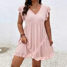 New Summer Women's Dress With Jacquard Ruffle Sleeves And Elegant V-Neck Design - White - View 4