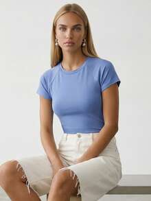 Camiseta de cuello redondo de unicolor casual, versátil para el verano - Azul - Ver 3