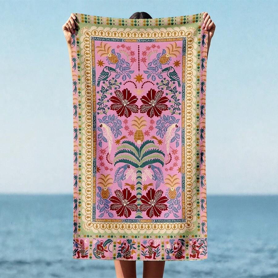 1 buah Handuk Pantai Motif Bunga Kartun, Kain Mikrofiber Lembut, Memberikan Perlindungan dari Sinar Matahari, Penting untuk Perjalanan - MultiWarna - View 1