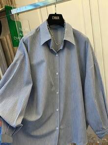 Women's Blue & White Striped Loose Fit Shirt, Tie Back Design, Suitable For Commuting, Casual Wear, Beach, Vacation - Navy Blue - View 3