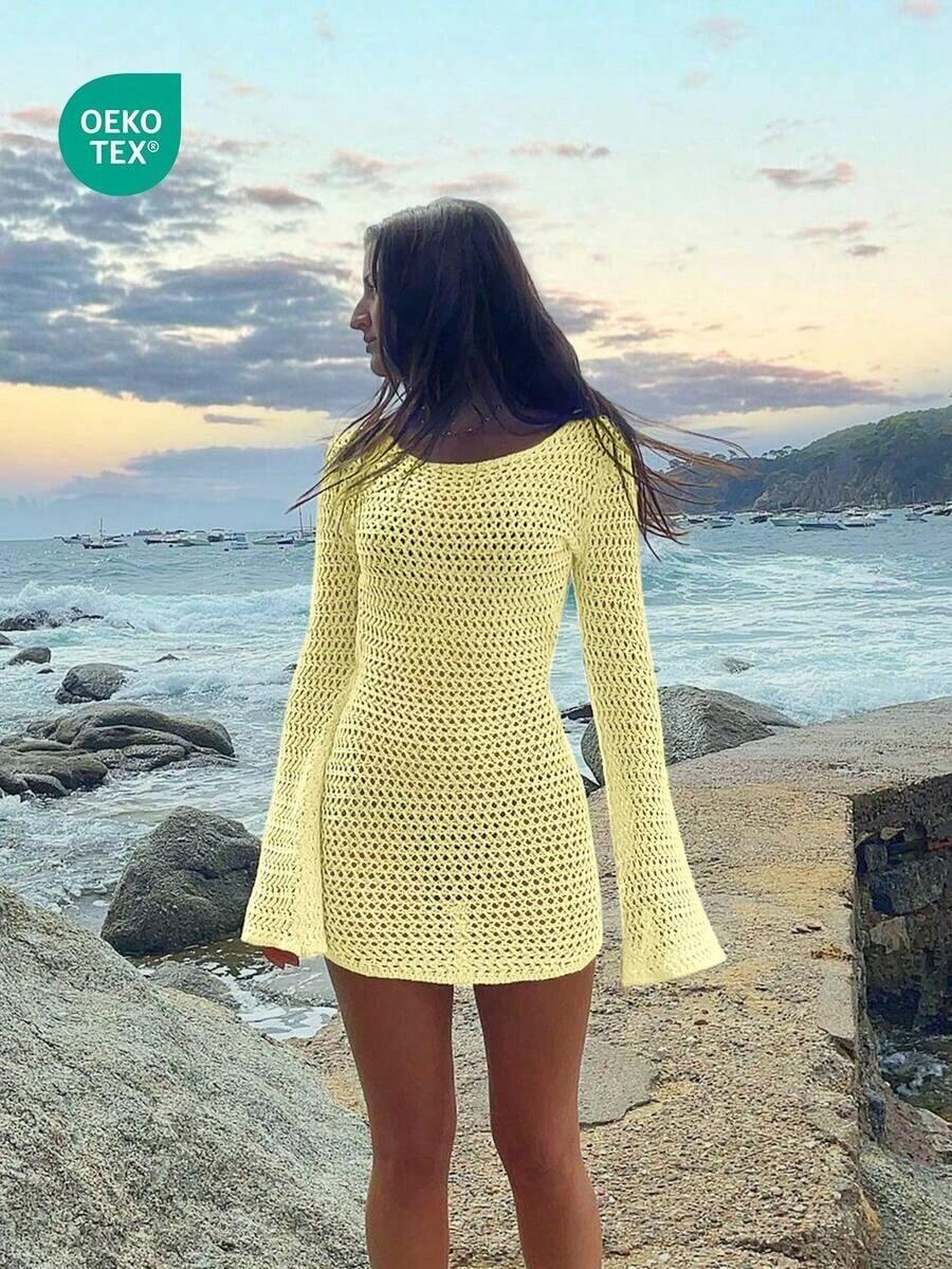 Vestido corto de playa de manga larga, transparente y con espalda descubierta, de unicolor y sexy para mujer, ideal para vacaciones de primavera/verano - Amarillo claro - Ver 1