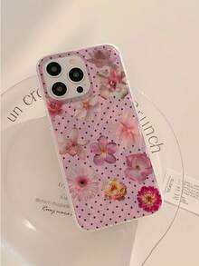 1pc & Fashionable Pink Flower Patchwork Pattern Waterproof, Fingerprint-Proof, Scratch-Resistant Transparent IMD Soft Glossy Smooth Phone Case - Multicolor - View 4