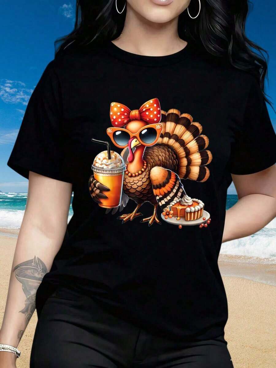 Camiseta de manga corta con cuello redondo para mujer, con estampado divertido de una pavo real con gafas de sol y un lazo sosteniendo una bebida y un pastel, ideal como regalo para el Día de Acción de Gracias, vacaciones en la playa, o como regalo para otras ocasiones festivas. Los estampados divertidos son adecuados para el Día de San Valentín, Navidad, fiestas, actividades deportivas, salidas y otros regalos festivos. Camiseta unisex de algodón holgada de manga corta y cuello redondo estilo vintage urbano. Blusas para mujer, playeras de mujer, blusas casuales para dama. - Negro - Ver 1