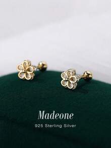 MADEONE 1 Pair 925 Sterling Silver Five-Pointed Star Flower Earrings, Inlaid With Zirconia, Suitable For Women, Ideal For Festivals, Birthdays, Weddings, Engagements, Bridal Jewelry, Valentine's Day Gifts - Gold - View 2