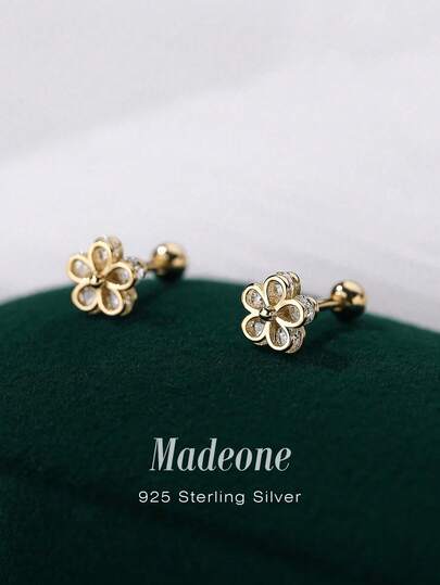 MADEONE 1 Pair 925 Sterling Silver Five-Pointed Star Flower Earrings, Inlaid With Zirconia, Suitable For Women, Ideal For Festivals, Birthdays, Weddings, Engagements, Bridal Jewelry, Valentine's Day Gifts