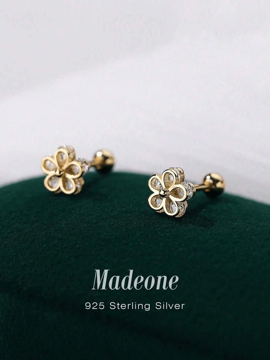 MADEONE 1 Pair 925 Sterling Silver Five-Pointed Star Flower Earrings, Inlaid With Zirconia, Suitable For Women, Ideal For Festivals, Birthdays, Weddings, Engagements, Bridal Jewelry, Valentine's Day Gifts