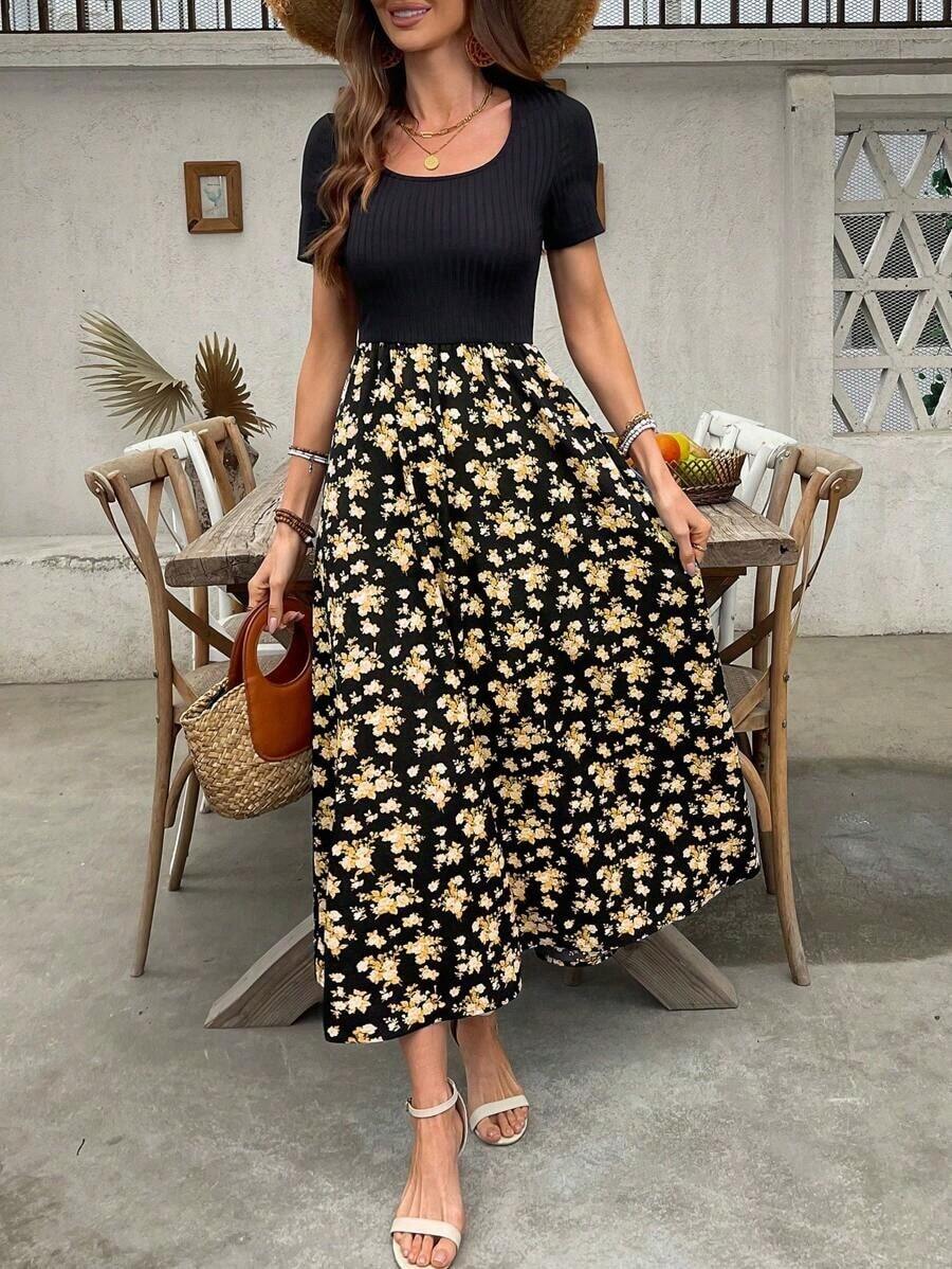 GGHKKssg Women's Summer Solid Color & Printed Patchwork Minimalist Casual Dress - Multicolor 2 - Ver 1
