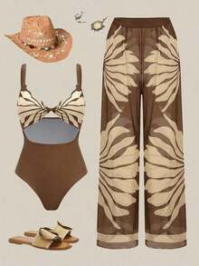 Swim Oasis Traje de baño de una pieza con camisola de patchwork de colores y pantalones de pierna ancha, adecuado para vacaciones en la playa, fiestas en la piscina y fiestas en la playa - Marrón - Ver 2