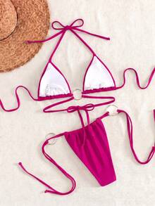 Bộ bikini màu trơn đính kim cương lấp lánh, sequin, hở lưng, kiểu tam giác buộc dây bên hông, gợi cảm, bán chạy nhất mùa hè, kiểu dáng giản dị, gợi cảm, buộc dây sau lưng, thích hợp cho kỳ nghỉ biển. - Hồng đỏ - Xem 3