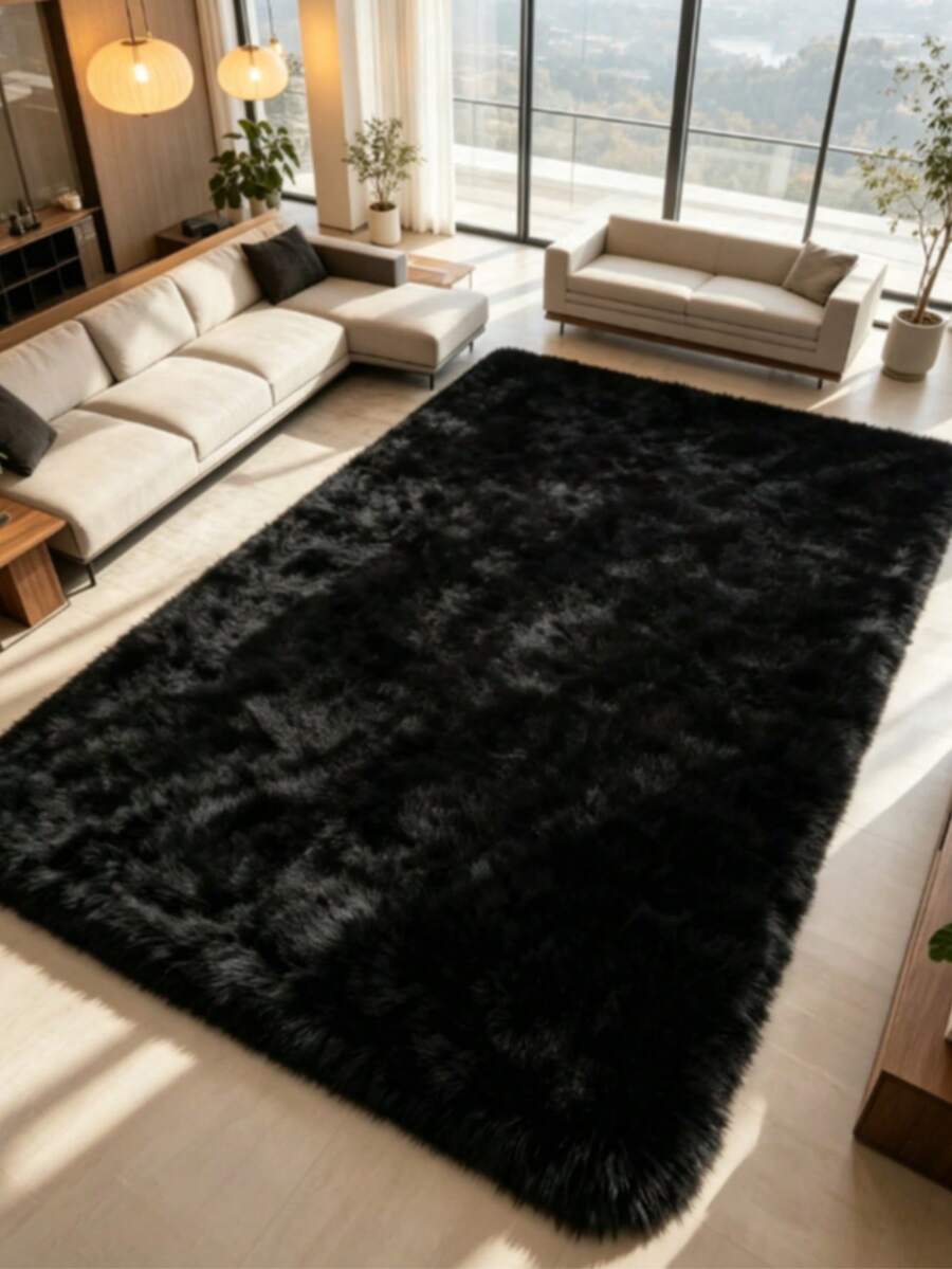 1 pieza Alfombra negra de pelo largo, 1 pieza Alfombra de piel de oveja sintética blanca de Navidad - Alfombra de felpa suave y esponjosa de piel sintética - Alfombra grande rectangular lavable para sala de estar, dormitorio, decoración, alfombra, decoración del hogar, alfombra para sala de estar, alfombra pequeña para sala de estar, alfombra para dormitorio, decoración para sala de estar, alfombra para exteriores, alfombra lavable