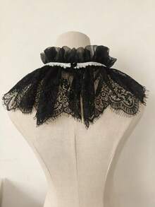 1pc Gothic Victorian Style Black Lace Ruffle Faux Collar With Pearl Decor, Detachable Ruffle Choker Collar, Suitable For Lolita, Cosplay And Halloween - Black - View 9